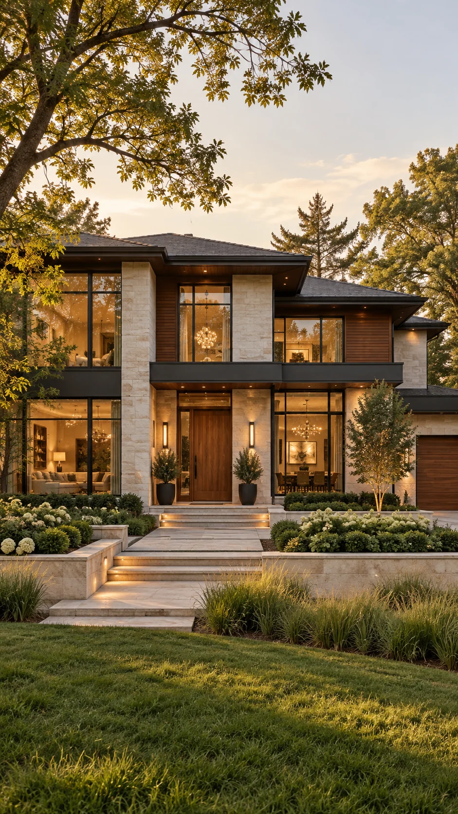 Façade contemporaine en pierre et bois, entourée de verdure à la lumière du soir. Illustration d’ambiance.